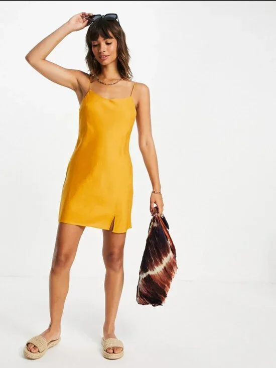ASOS Mustard Yellow Linen Blend Slip Mini Spaghetti Strap Slit Dress Size 6 US - Picture 8 of 8
